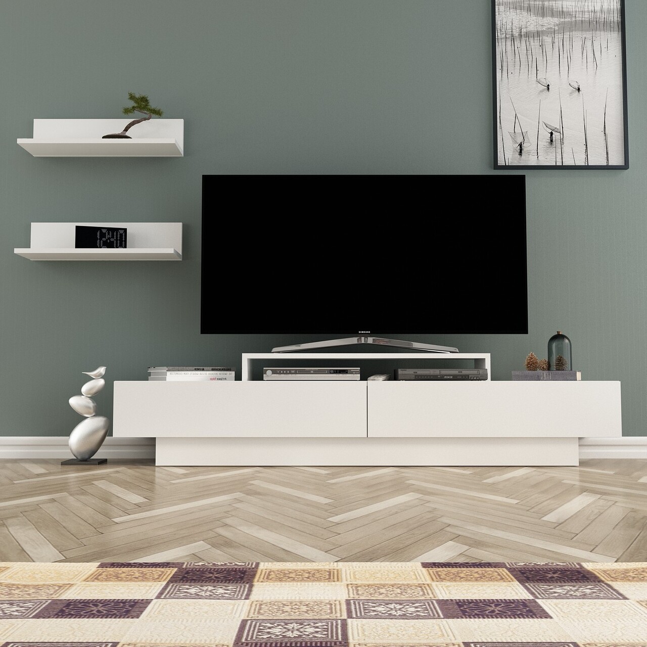Comoda TV cu 2 rafturi, Zena Home, Lucca, pal melaminat, alb - imagine 5